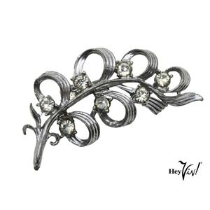 Vintage P&L Curved Looped Ribbon Pin Silver Metal Rhinestones 2" long - Hey Viv